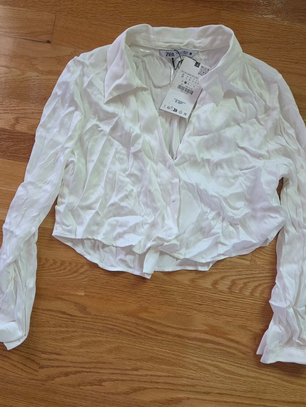 Zara Satin Effect Cropped Button Front Blouse Pearl White NWT S - Picture 3 of 4